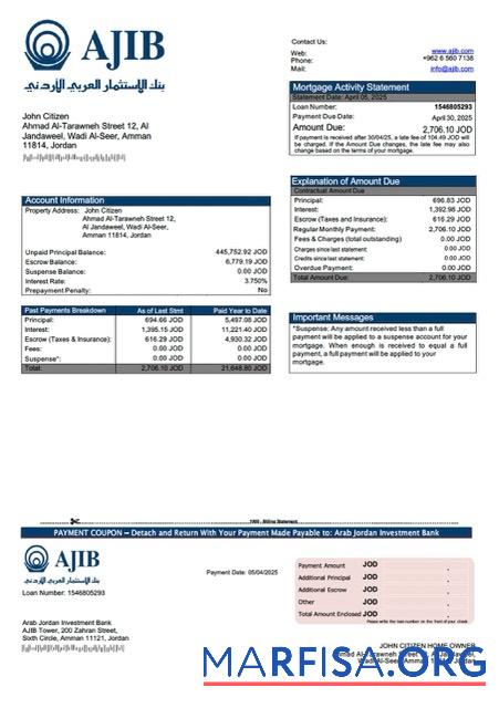 Realistic Jordan Arab Jordan Investment Bank (AJIB) mortgage statement Word and PDF template